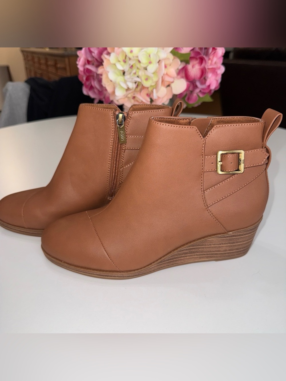 Toms Women's Tan Wedge Ankle Boots with Side Buckle